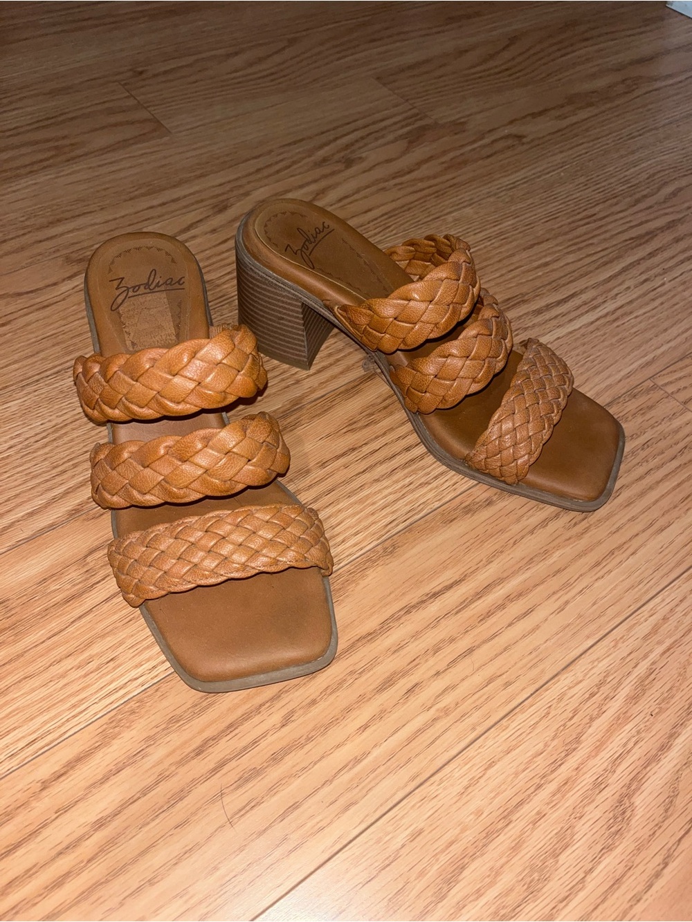 Zodiac Braided Triple-Strap Mule Heels in Cognac